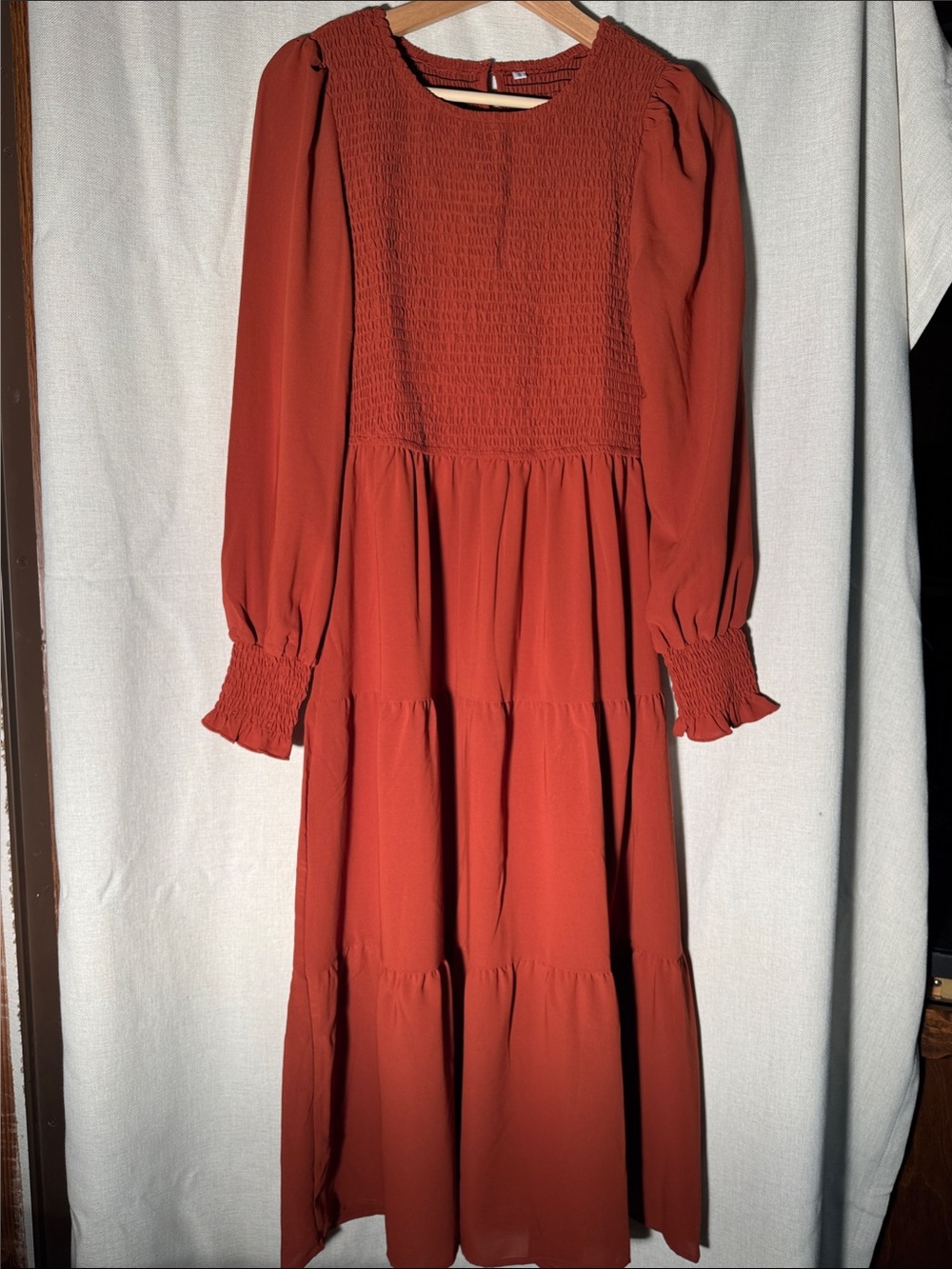 Source Unknown Rust Smocked Tiered Maxi Dress